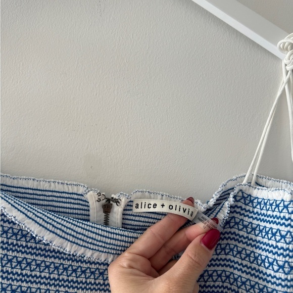 ALICE & OLIVIA Marna Mixed Blue Embroidery Smocked Sundress 12 - Picture 10 of 11